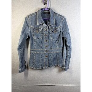 Axcess Denim Jacket Womens Medium Blue Stretch Button Front Fitted Jean Coat